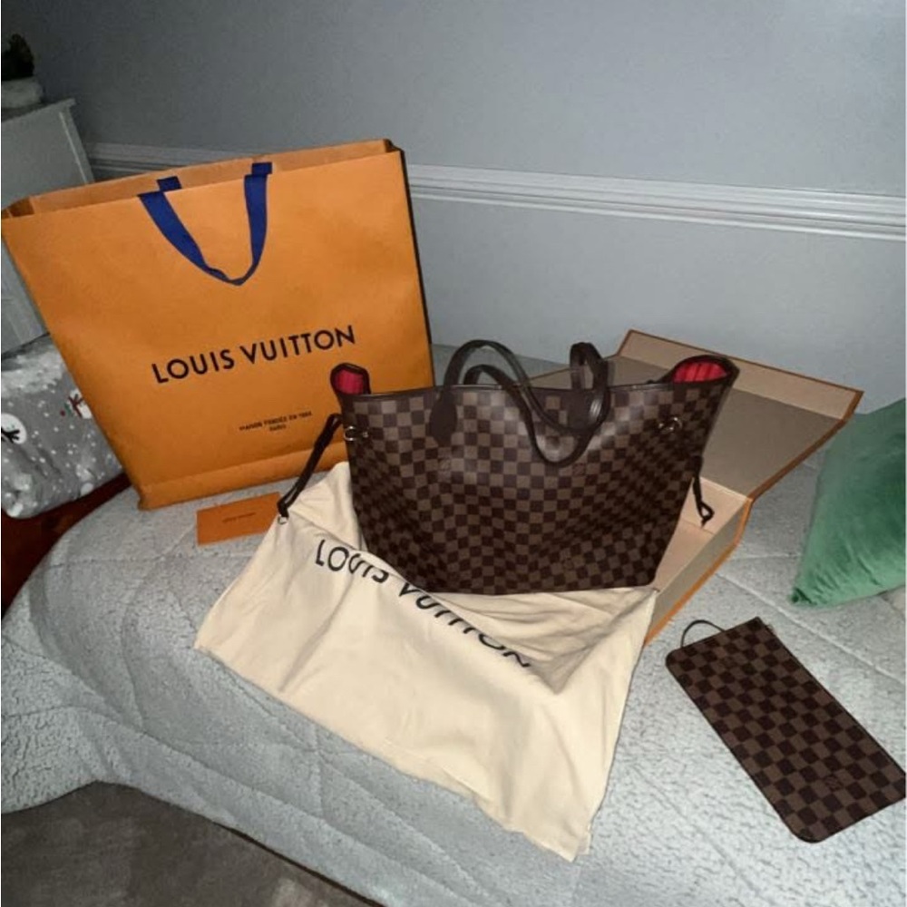 Louis Vuitton Brown Checkered Tote with Red Interior